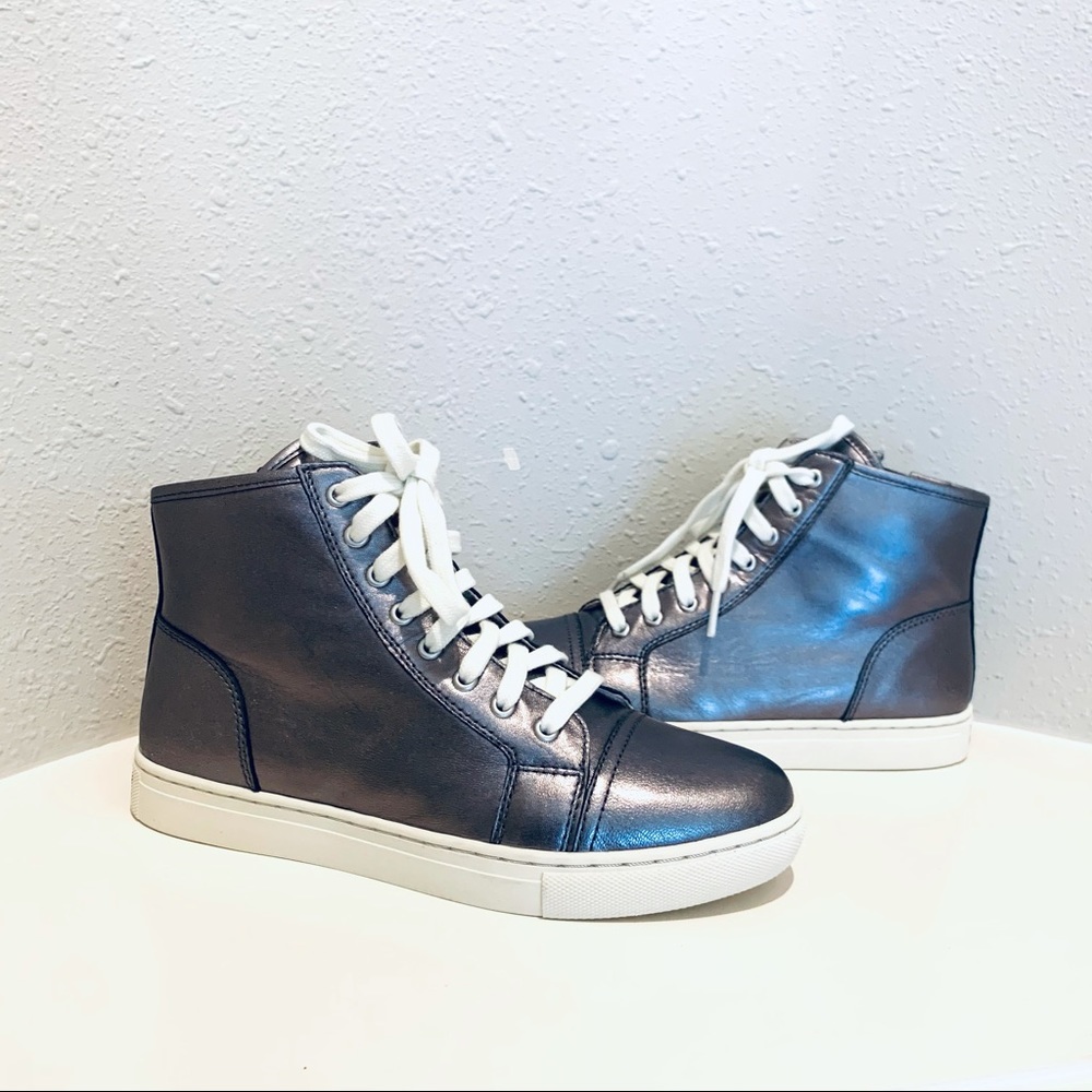 Ralph Lauren Leather Metallic Pewter Hi Top Women’s Sneakers Size 6.5 NEW